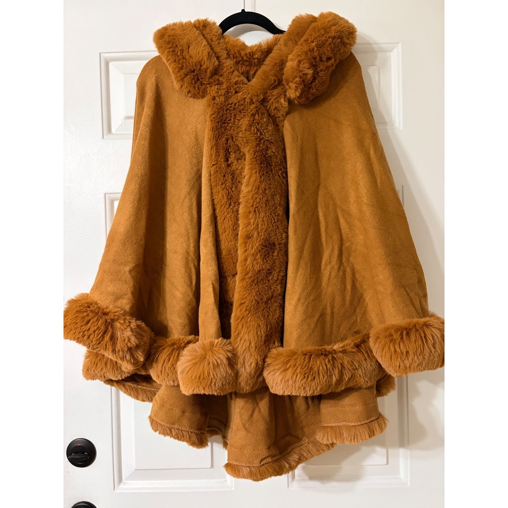 | Faux Fur Trim Hooded Cape Poncho | OS || Camel Brown|